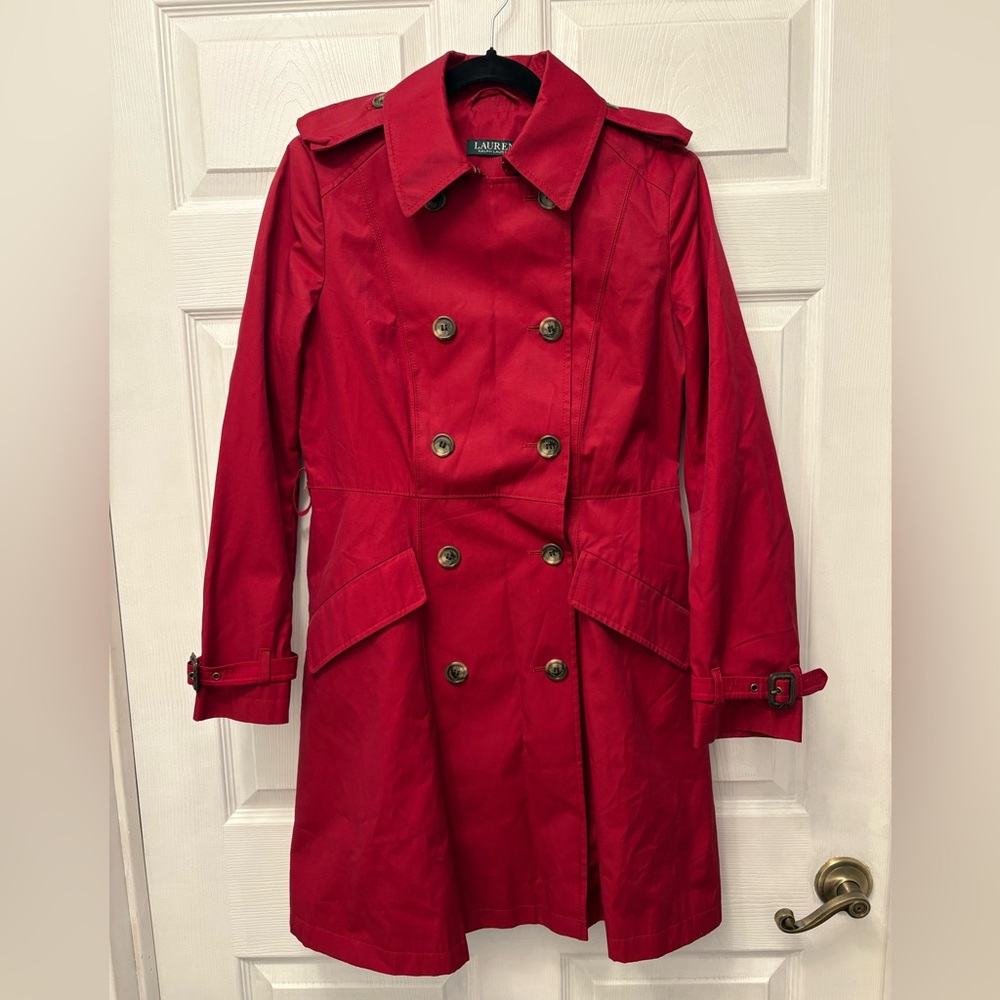 Lauren Ralph Lauren Belted Water Repellent Taffeta Red Trench Coat